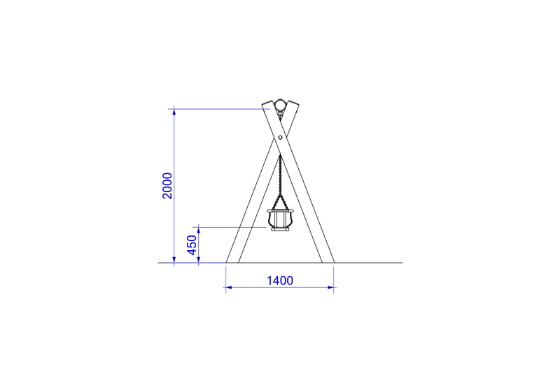 Technical render of a Timber Swing (2M) with Four Cradle Seats